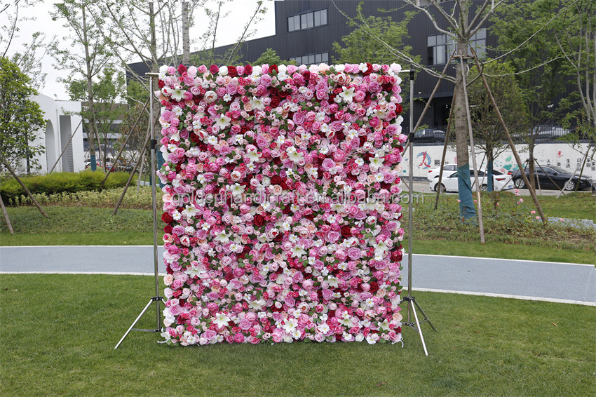 QSLH Ti415 Saloon Decor Flower Wall Pink Rose Mix Lily Flower Backdrop Wall Decoration 5d Roll Up Flower Wall Backdrop