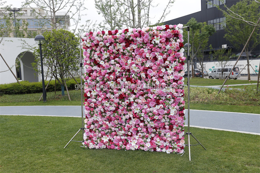 QSLH Ti415 Saloon Decor Flower Wall Pink Rose Mix Lily Flower Backdrop Wall Decoration 5d Roll Up Flower Wall Backdrop