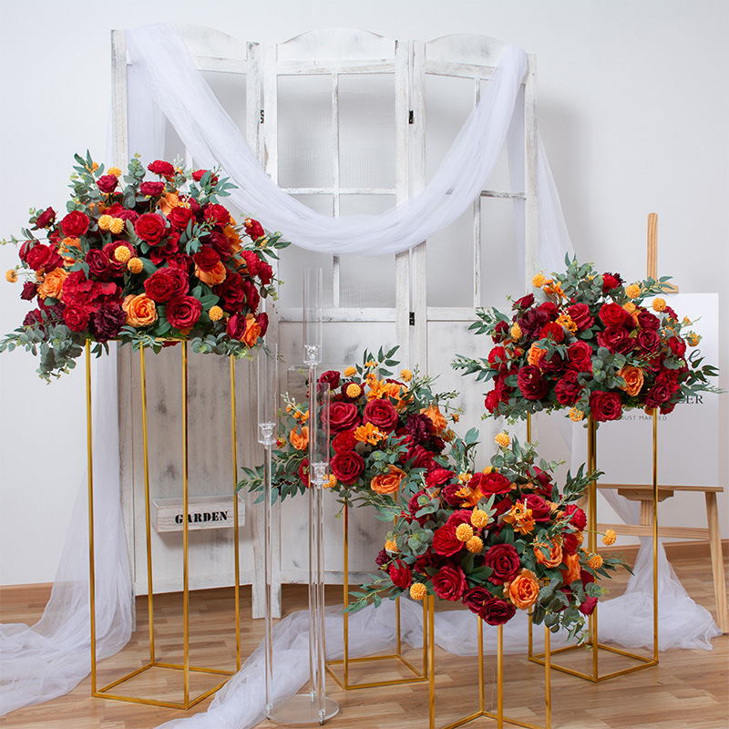 Wedding Flower Arrangement Handmade Floral Silk Wedding Table Artificial Red White Rose Centerpiece Flower Ball