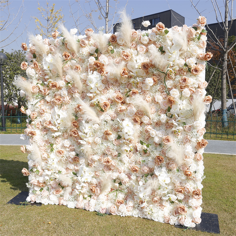 2024 New design 3D Roll Up Artificial Silk Rose Flower Wall Backdrop Panel White Flower Wall for Wedding Home Salon Decor