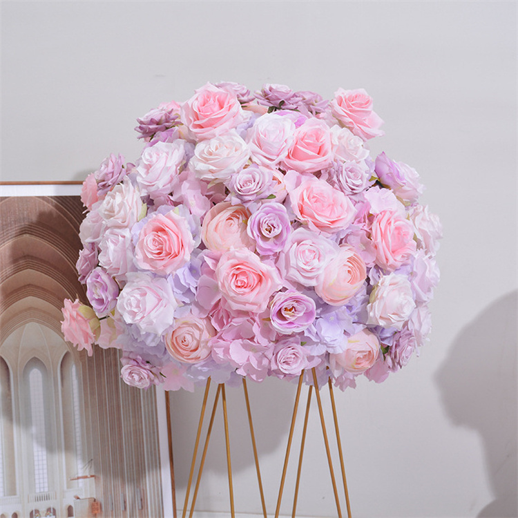 QSLH Ti463 Fabric 60cm Large Pink Purple Rose Centerpiece Wedding Flower Row Wedding Flower Ball Arrangements For Table Decor