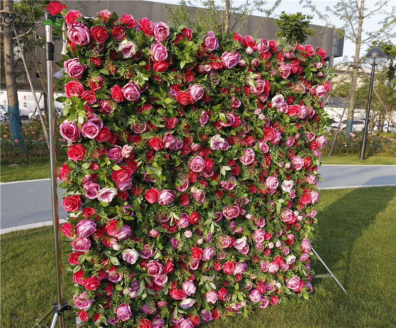 QSLH-D175 Artificial Flower Wall Decoration Rose Roll Up Flowers Red Rose Background Panels Wedding&Stage Wall Decor Flower Wall