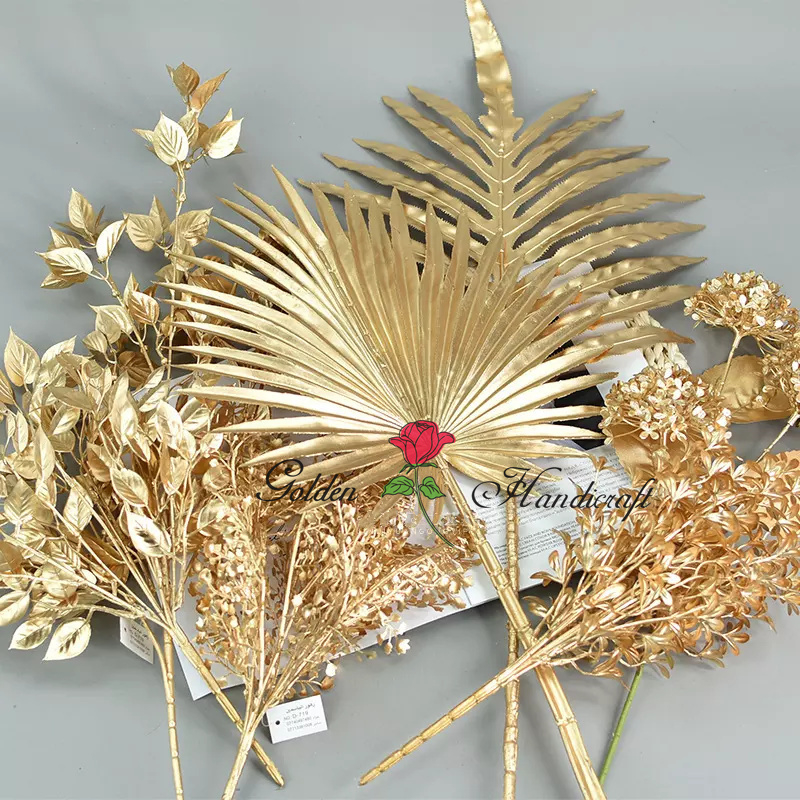 QSLH - E019 Wholesale Gold Plants Branch Hanging Flowers Long Stem Golden Ceiling Hanging Artificial Flowers Wedding Decoration