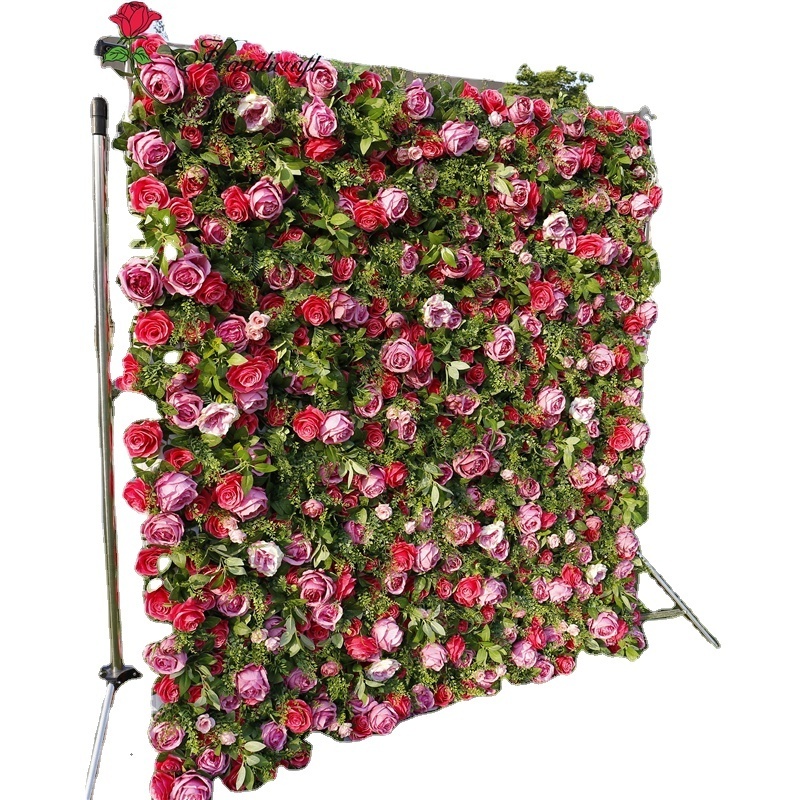 QSLH-D175 Artificial Flower Wall Decoration Rose Roll Up Flowers Red Rose Background Panels Wedding&Stage Wall Decor Flower Wall