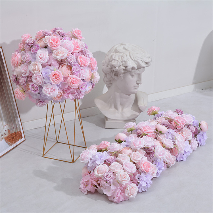 QSLH Ti463 Fabric 60cm Large Pink Purple Rose Centerpiece Wedding Flower Row Wedding Flower Ball Arrangements For Table Decor