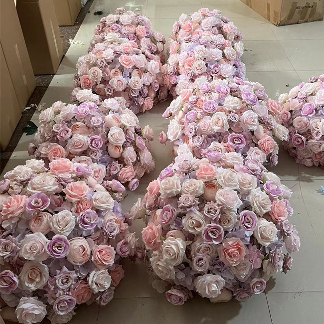 QSLH Ti463 Fabric 60cm Large Pink Purple Rose Centerpiece Wedding Flower Row Wedding Flower Ball Arrangements For Table Decor