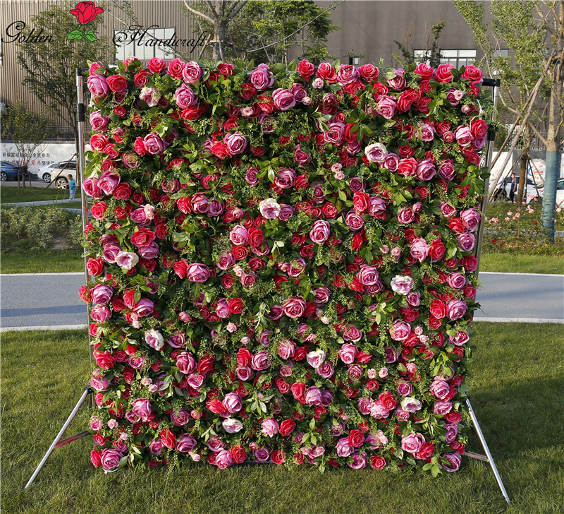 QSLH-D175 Artificial Flower Wall Decoration Rose Roll Up Flowers Red Rose Background Panels Wedding&Stage Wall Decor Flower Wall