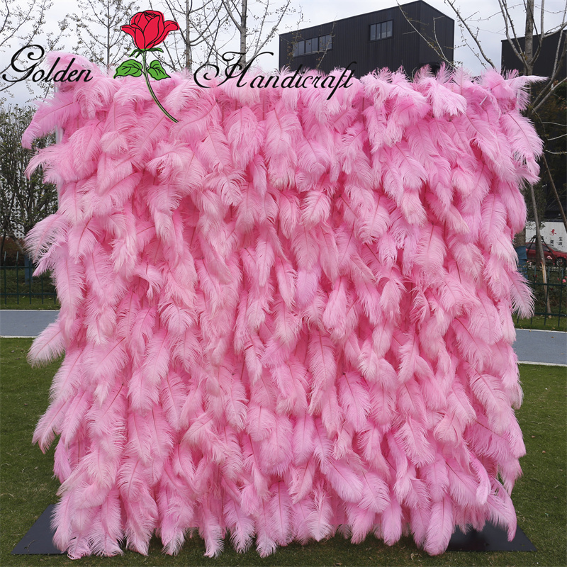 QSLH-K146 Hot Selling Pink Feather Wall Wedding Flower Wall Backdrop Flamingo Pink Feather Wall Floral Decoration