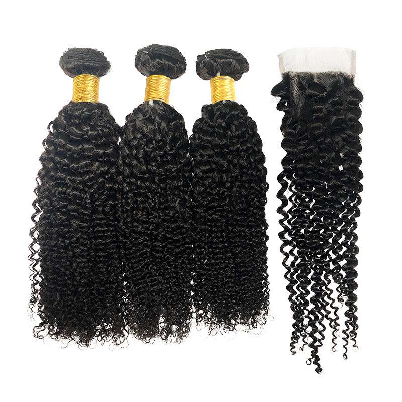 Wholesale 10A Brazilian kinky curly Hair 3 Bundles With Closure Human Hair Weave Bundles With  Lace Closure