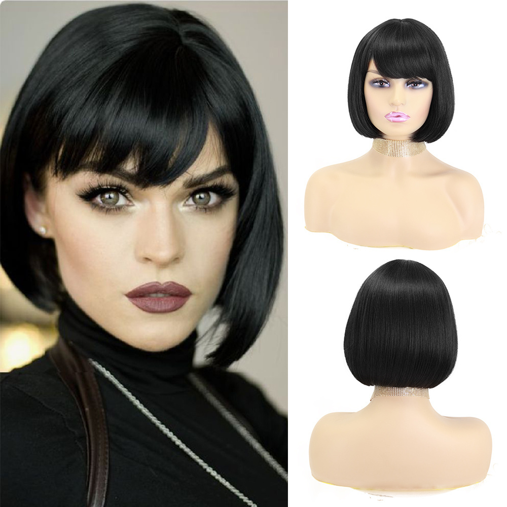 Short Bob Wigs With Bangs Human Hair wigs For Black Women Straight  100% Brazilian Virgin Hair Glueless Machine Made Wig Nat