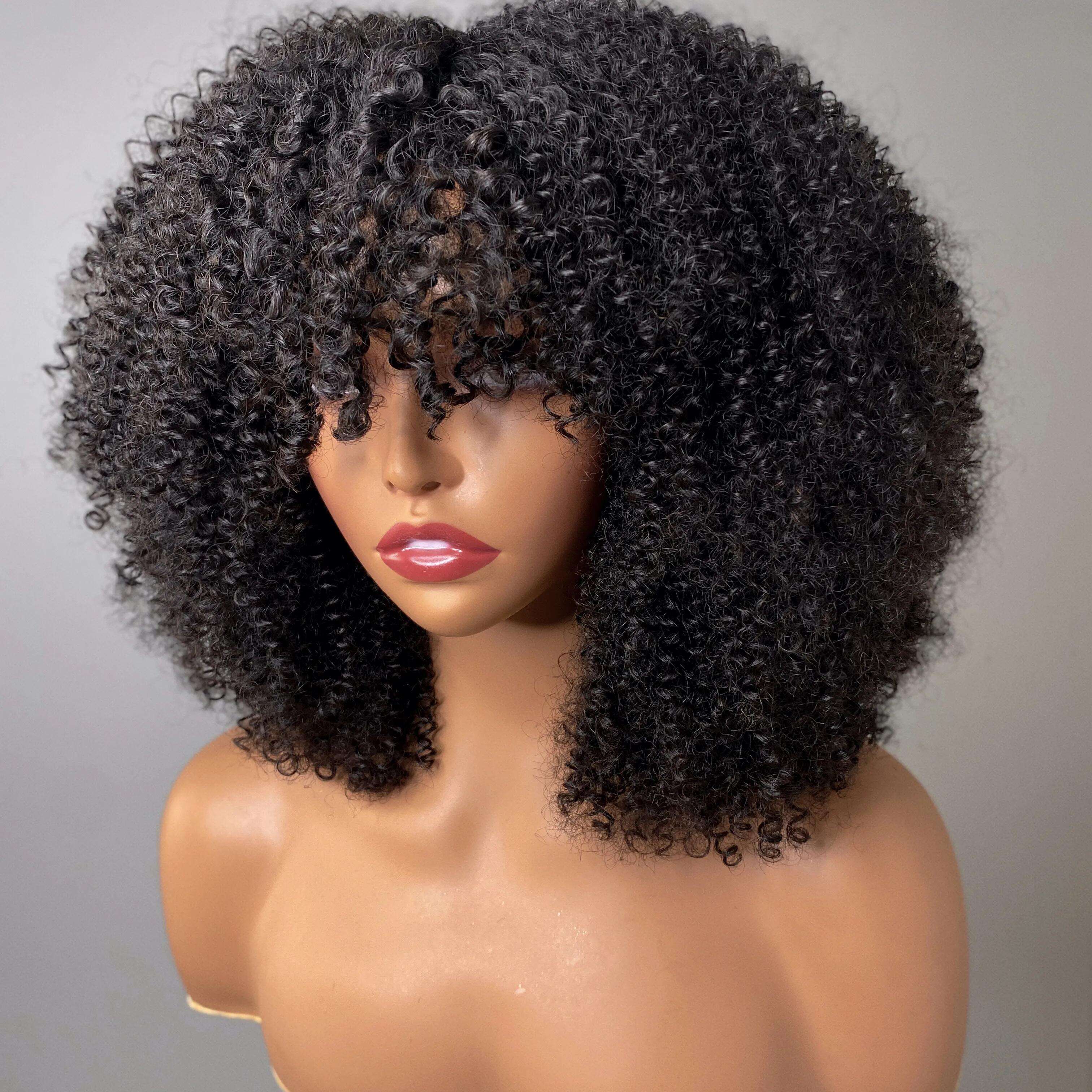 Afro kinky Curly Wig With Bangs Non Lace Natural Color Virgin Human Hair Wigs 250% density Wholesale Cheap Bob Wig