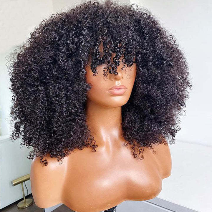 Afro kinky Curly Wig With Bangs Non Lace Natural Color Virgin Human Hair Wigs 250% density Wholesale Cheap Bob Wig