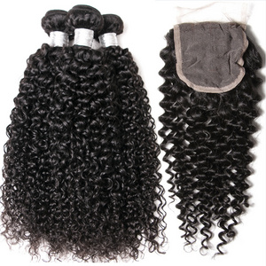 Wholesale 10A Brazilian kinky curly Hair 3 Bundles With Closure Human Hair Weave Bundles With  Lace Closure