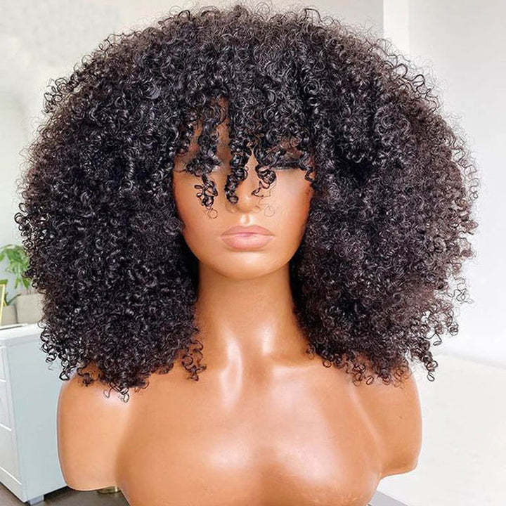 Afro kinky Curly Wig With Bangs Non Lace Natural Color Virgin Human Hair Wigs 250% density Wholesale Cheap Bob Wig