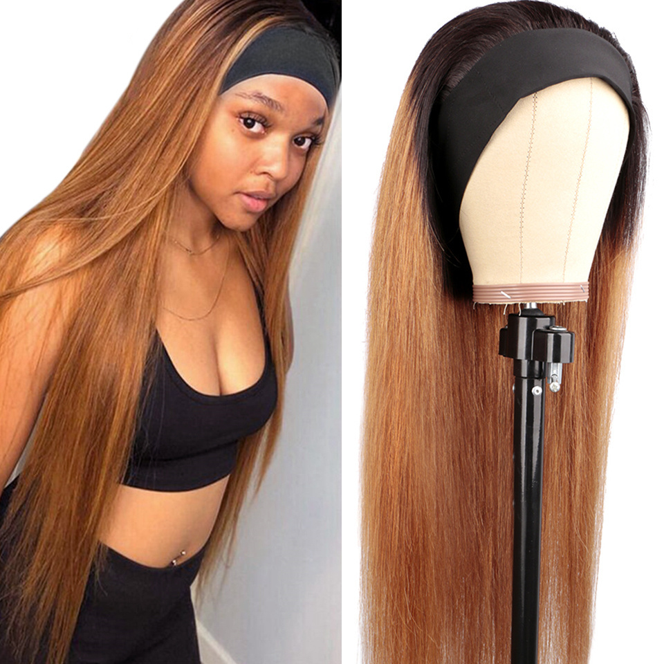 Brazilian Straight Human Hair Wigs Machine Made Head Band Wig Density150 Remy Hair For Women Two Tone Color  Human Hair Wigs