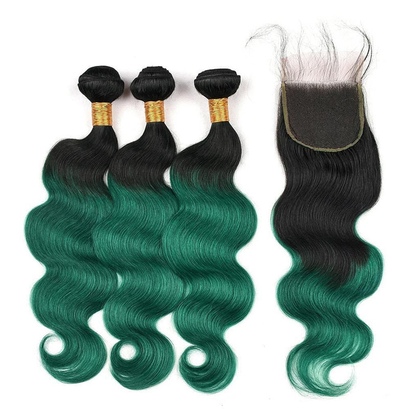 Ombre Brazilian Body wave  Hair Weave 3 Bundles With Closure Colored 1B/GREEN Remy Human Hair Bundles With 4x4 Lace Part Closure