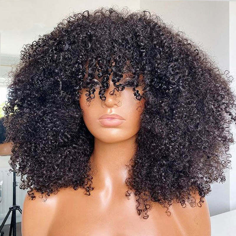 Afro kinky Curly Wig With Bangs Non Lace Natural Color Virgin Human Hair Wigs 250% density Wholesale Cheap Bob Wig