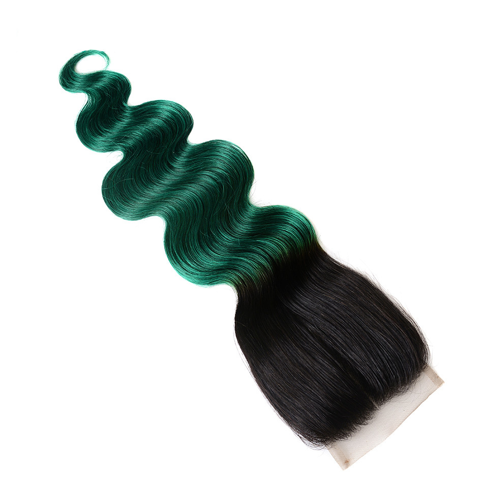 Ombre Brazilian Body wave  Hair Weave 3 Bundles With Closure Colored 1B/GREEN Remy Human Hair Bundles With 4x4 Lace Part Closure