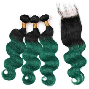 Ombre Brazilian Body wave  Hair Weave 3 Bundles With Closure Colored 1B/GREEN Remy Human Hair Bundles With 4x4 Lace Part Closure