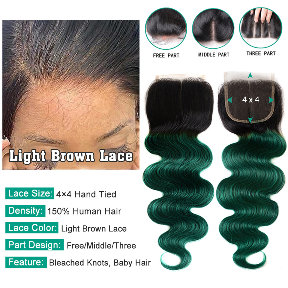 Ombre Brazilian Body wave  Hair Weave 3 Bundles With Closure Colored 1B/GREEN Remy Human Hair Bundles With 4x4 Lace Part Closure