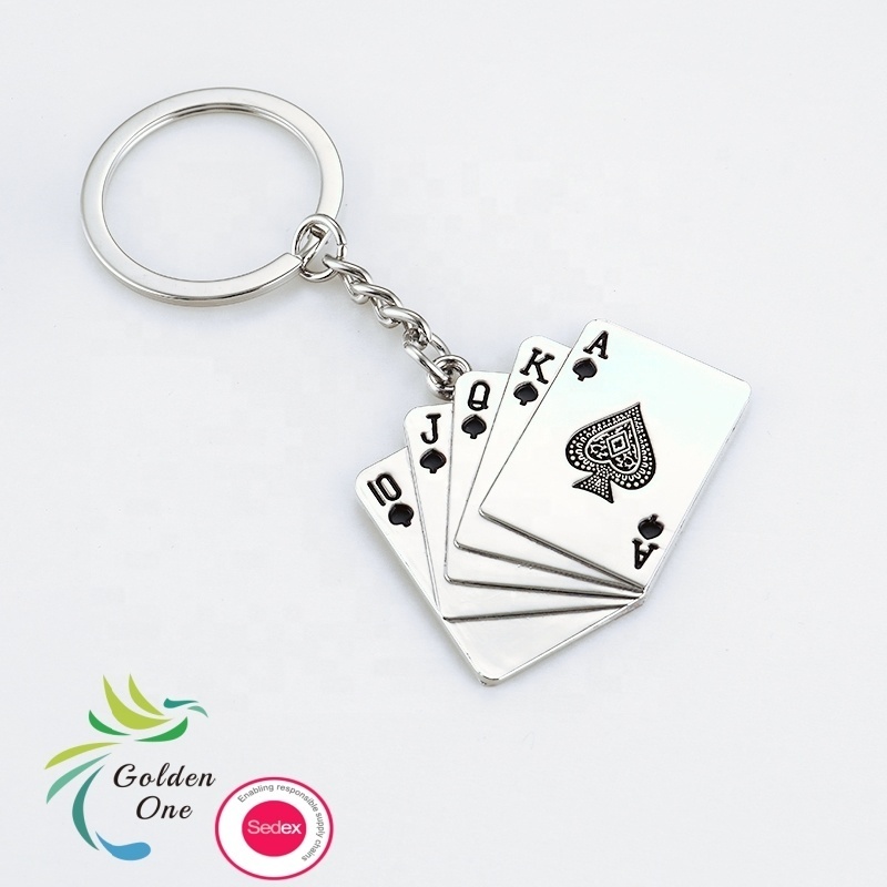 Manufacturer creative Poker Hand 10 J Q K A Playing Cards Royal Flush Key ring Cool Metal Key Chain