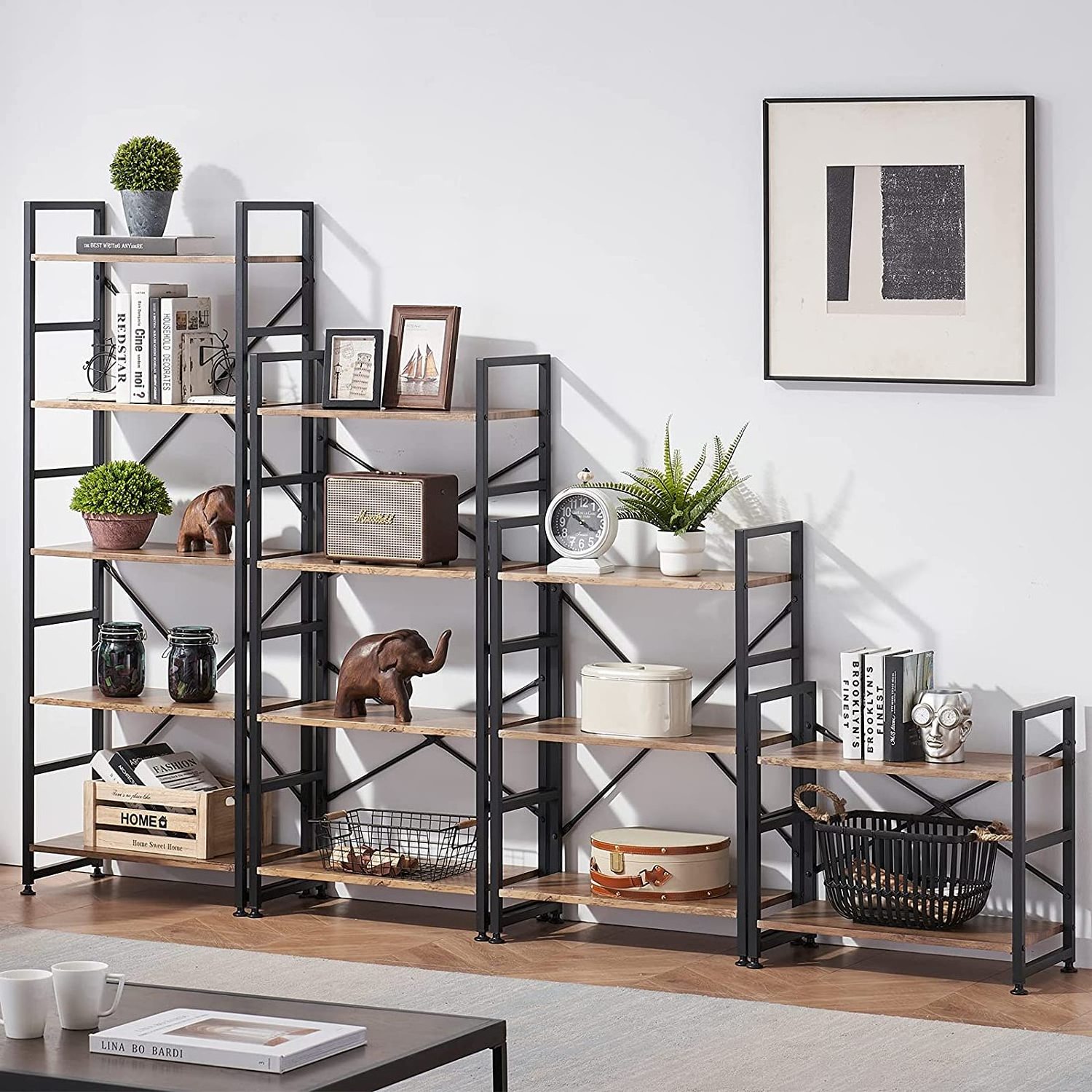 Modern 5-tier bookshelf tall bookcase shelf storage organizer industrial shelving Unit bookshelf for bedroom bathroom&office