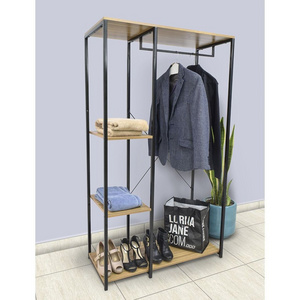 Industrial Shoe Coat Rack Clothing Racks Hanging Clothes Heavy Duty Garment Coat Shoes Rack with Wood Shelf for Bedroom Entryway