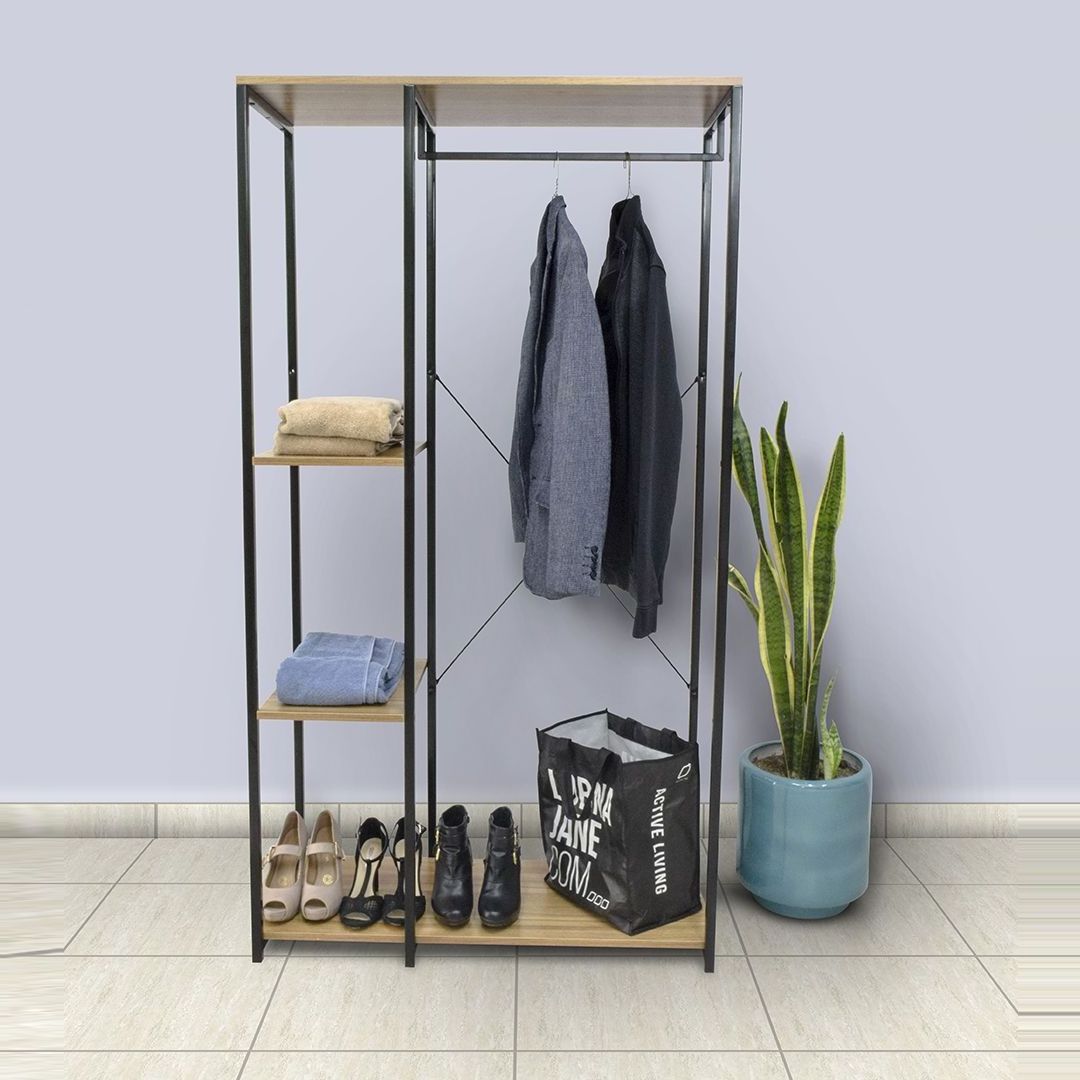 Industrial Shoe Coat Rack Clothing Racks Hanging Clothes Heavy Duty Garment Coat Shoes Rack with Wood Shelf for Bedroom Entryway