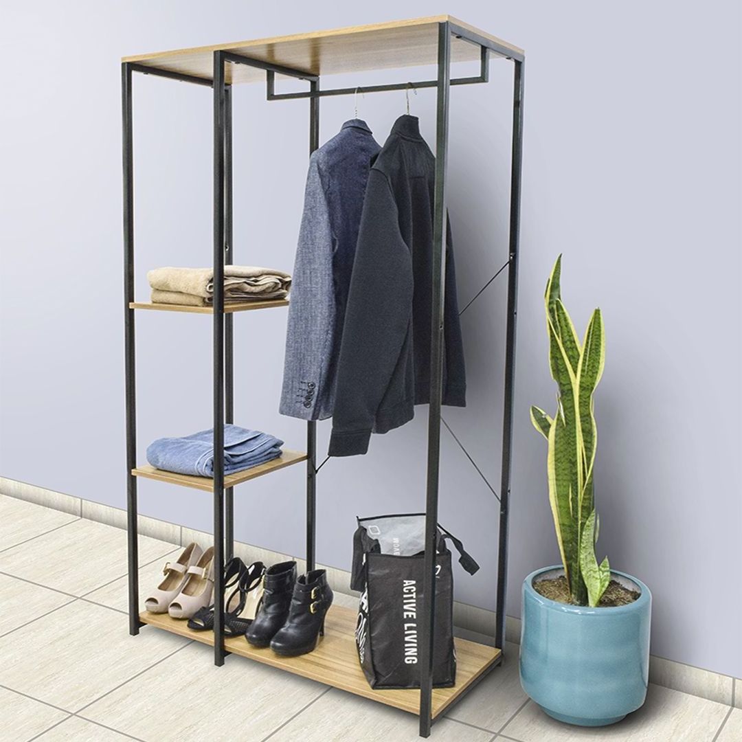 Industrial Shoe Coat Rack Clothing Racks Hanging Clothes Heavy Duty Garment Coat Shoes Rack with Wood Shelf for Bedroom Entryway