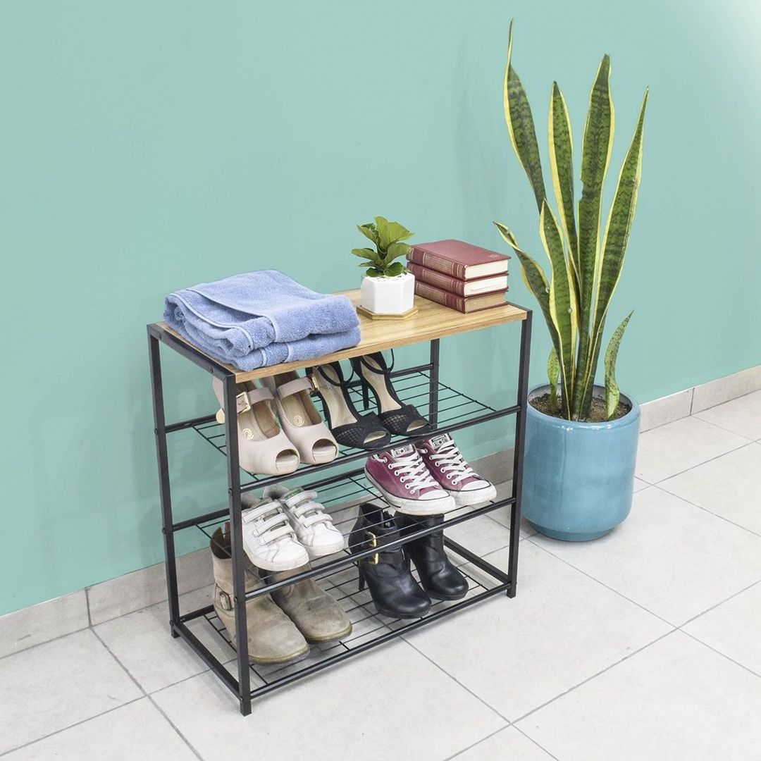 Modern sample wooden door 4 tier shoe racks display rack stand storage design wood shoe rack for entryway and hallway