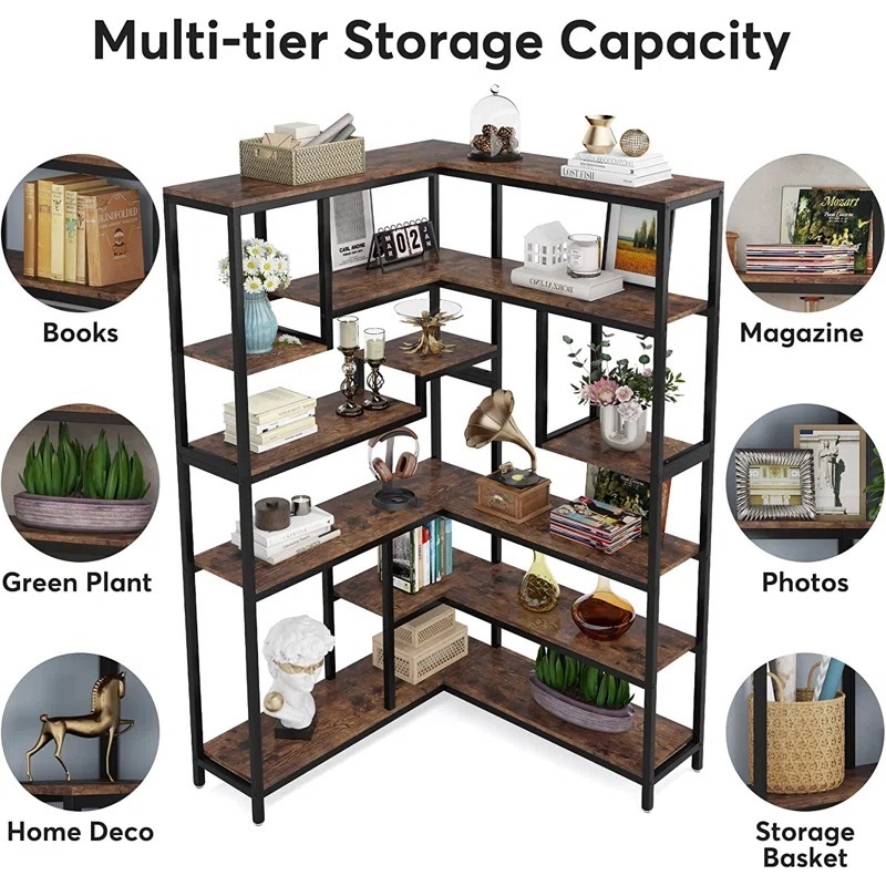 6-Tiers MDF Corner Bookshelf, Industrial Large Corner Bookcase, Wooden Book Shelves with Metal Frame for Living Room Home Office