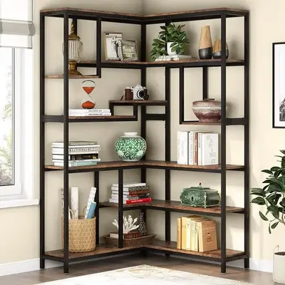 6-Tiers MDF Corner Bookshelf, Industrial Large Corner Bookcase, Wooden Book Shelves with Metal Frame for Living Room Home Office