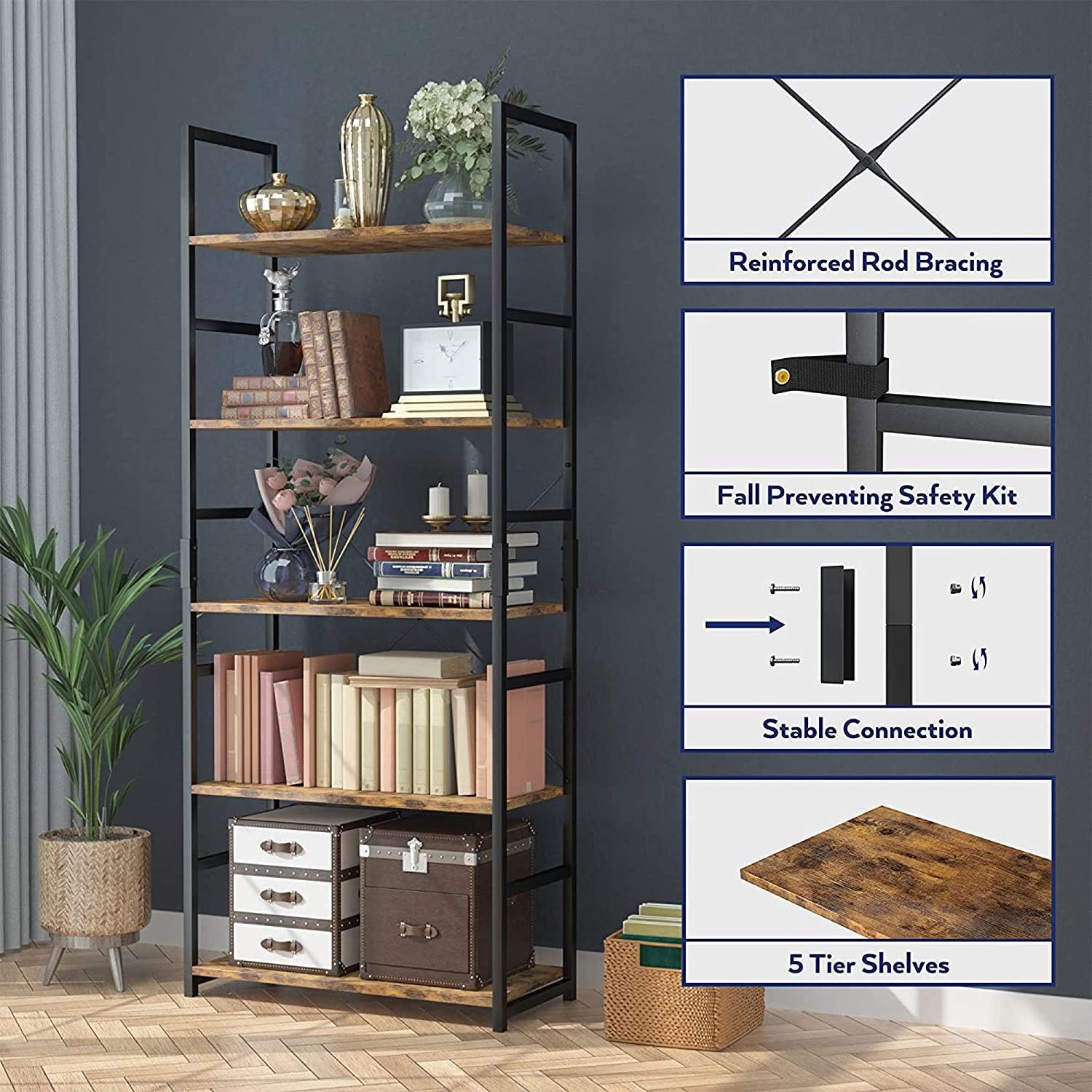 Modern 5-tier bookshelf tall bookcase shelf storage organizer industrial shelving Unit bookshelf for bedroom bathroom&office