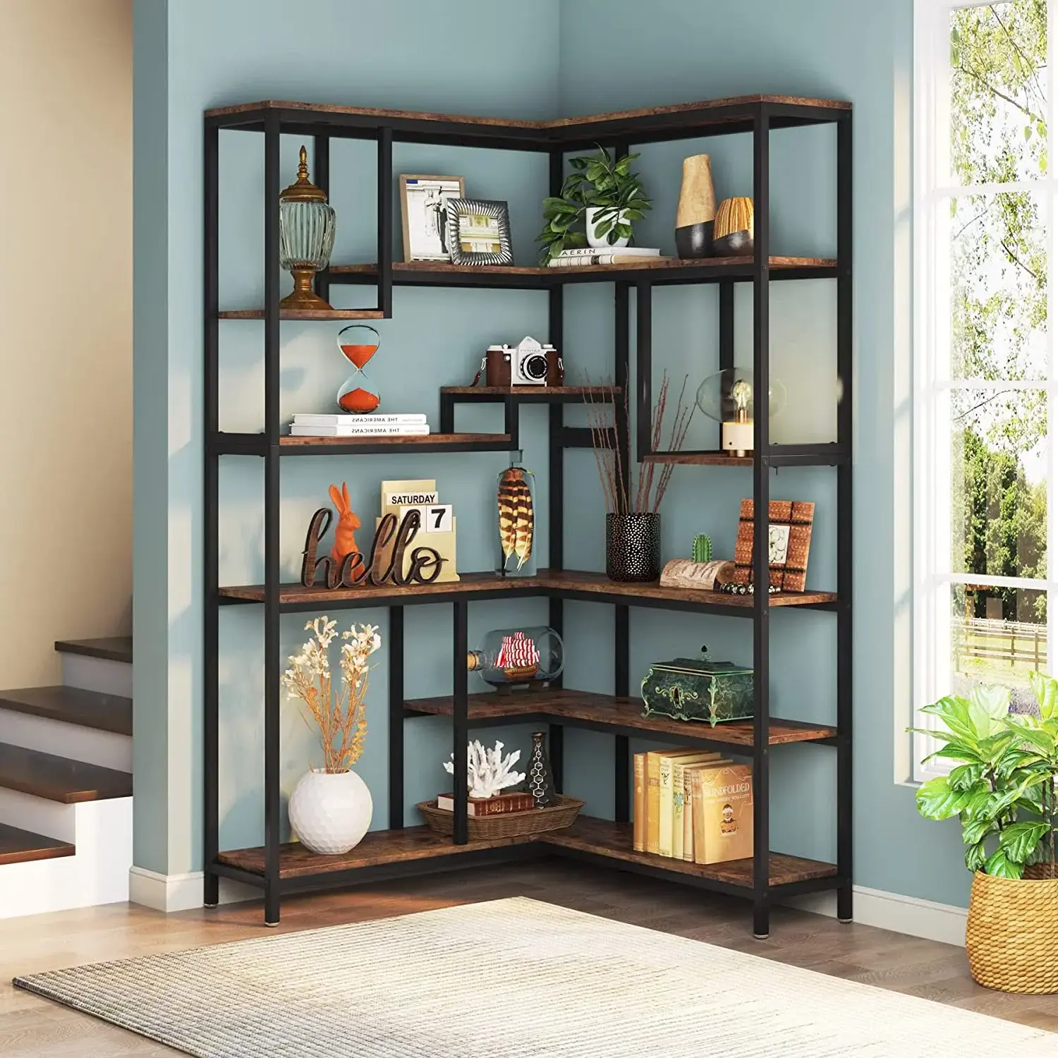 6-Tiers MDF Corner Bookshelf, Industrial Large Corner Bookcase, Wooden Book Shelves with Metal Frame for Living Room Home Office