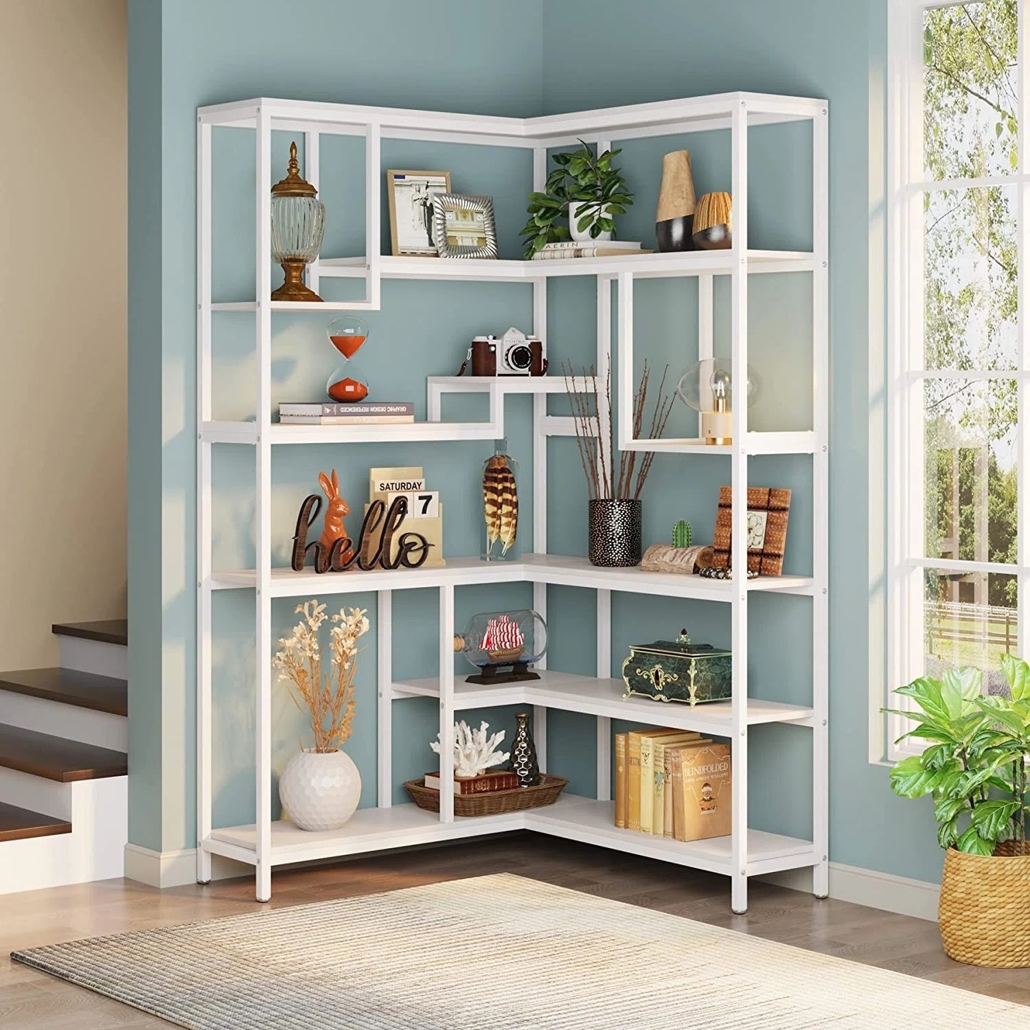 6-Tiers MDF Corner Bookshelf, Industrial Large Corner Bookcase, Wooden Book Shelves with Metal Frame for Living Room Home Office