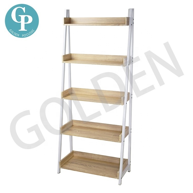 Modern 5-Tier Ladder Open Wooden and Metal Shelves Storage Bookshelf Book Rack Shelf for Living Room Display Bookcase