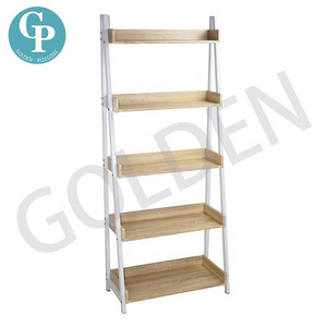 Modern 5-Tier Ladder Open Wooden and Metal Shelves Storage Bookshelf Book Rack Shelf for Living Room Display Bookcase