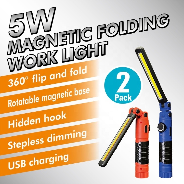 5W Magnetic Foldable LED Work Light Flashlight 2pcs Set with White / Warning Light