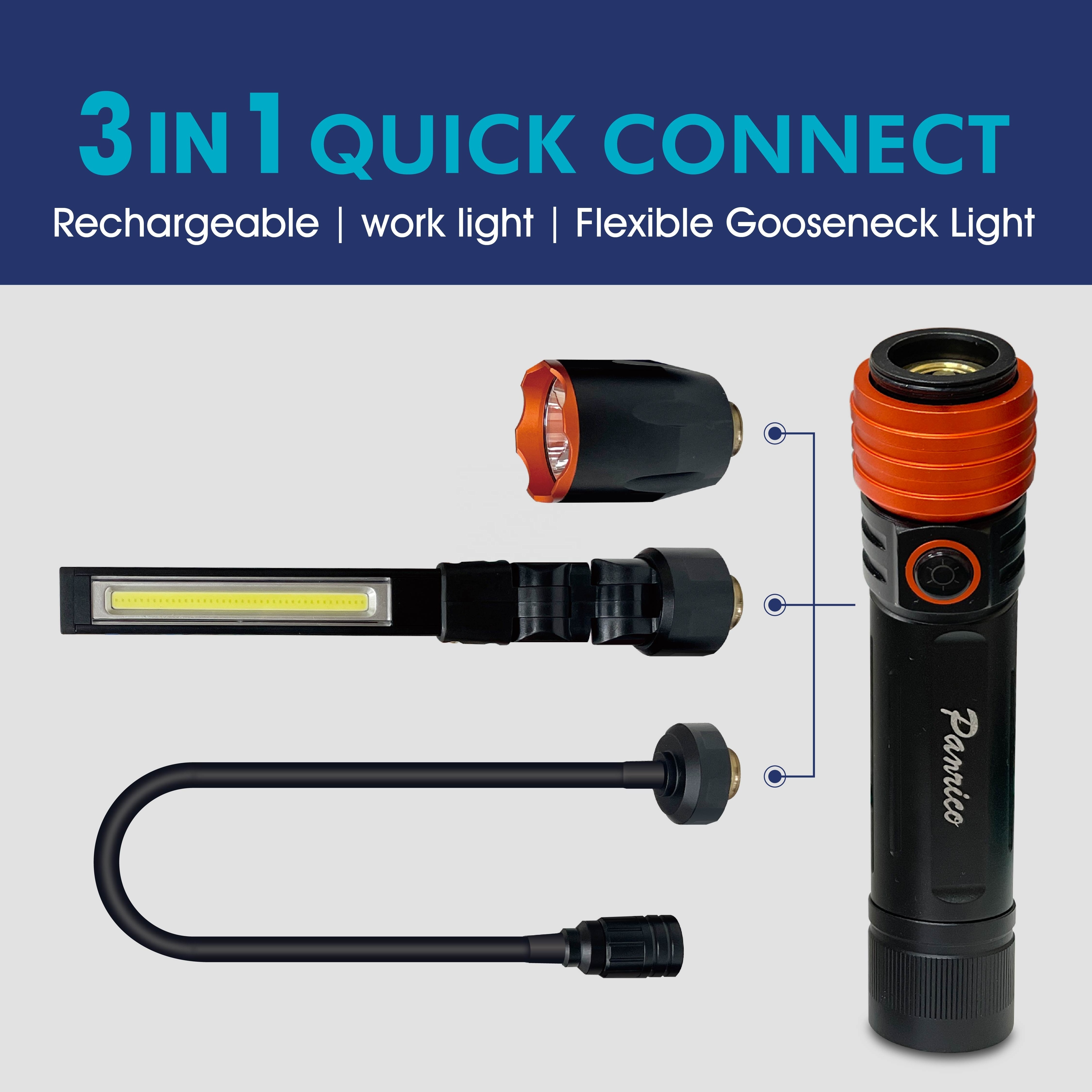 3 in 1 Quick connect LED Rechargeable LED Work Light Flashlight Flexible Gooseneck Light Kit with Magnetic Base