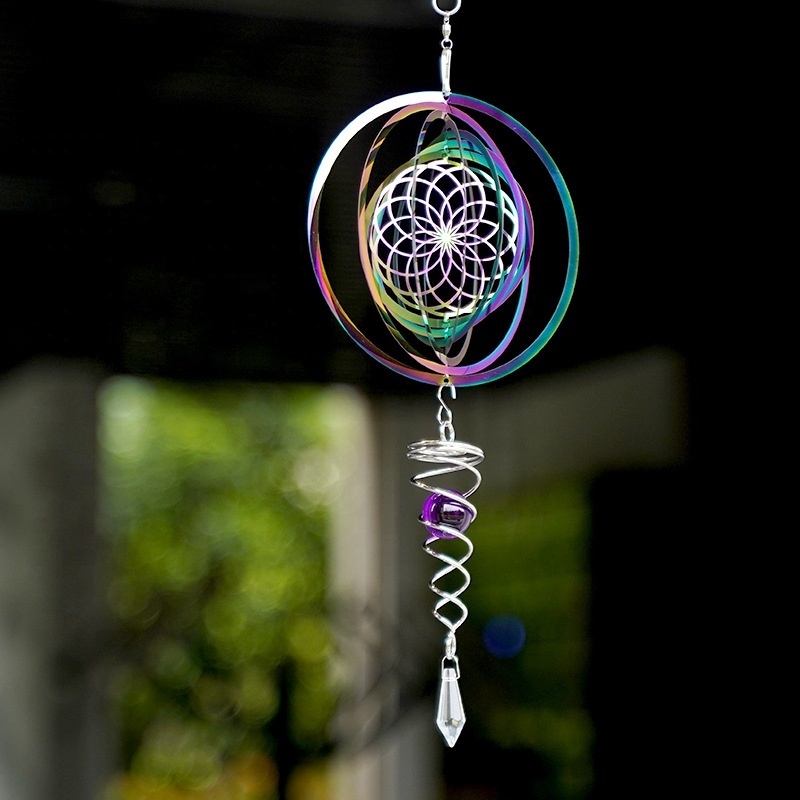 2023 Tree Of Life Metal Hanging Wind Catcher Stainless Steel Rotating Tail Spinner Crystal Ball Pendant