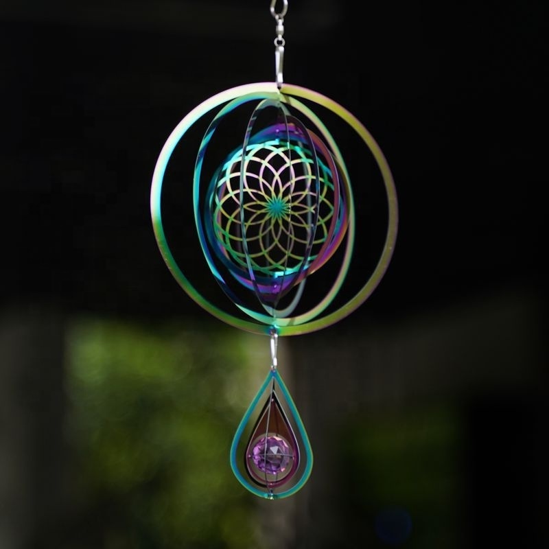 2023 Tree Of Life Metal Hanging Wind Catcher Stainless Steel Rotating Tail Spinner Crystal Ball Pendant