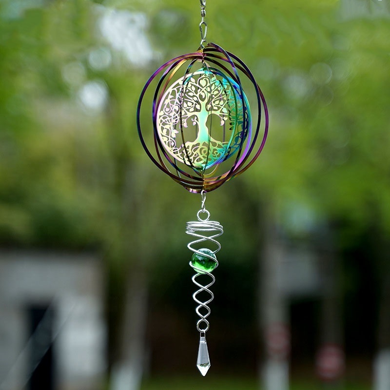 2023 Tree Of Life Metal Hanging Wind Catcher Stainless Steel Rotating Tail Spinner Crystal Ball Pendant