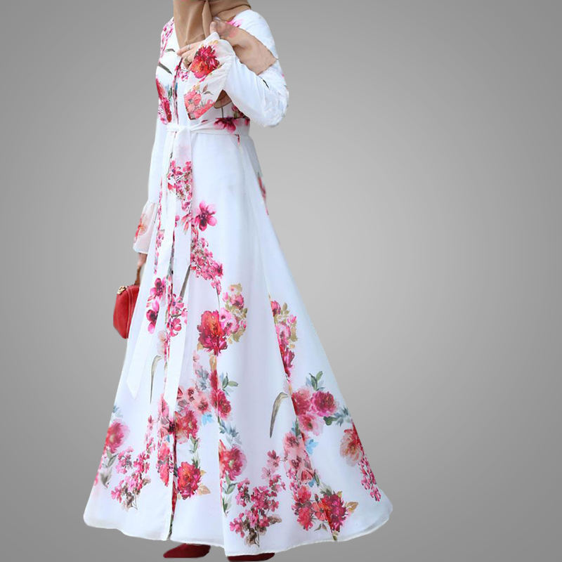 clothing manufacturer OEM Elegant Women Floral Long Dress 100%polyester Flare Sleeve Muslim Dress Pink Casual Islamic Clothing