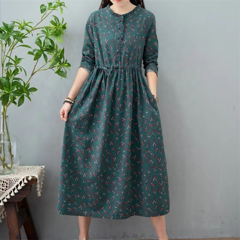 New Lace Collar Pullover Cotton And Linen Printed Dress Loose Slimming Lace-Up Waist Collection Floral Midi Dress