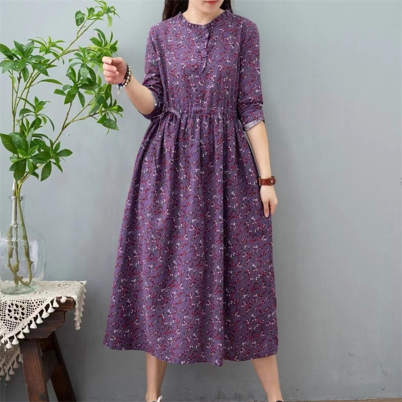 New Lace Collar Pullover Cotton And Linen Printed Dress Loose Slimming Lace-Up Waist Collection Floral Midi Dress