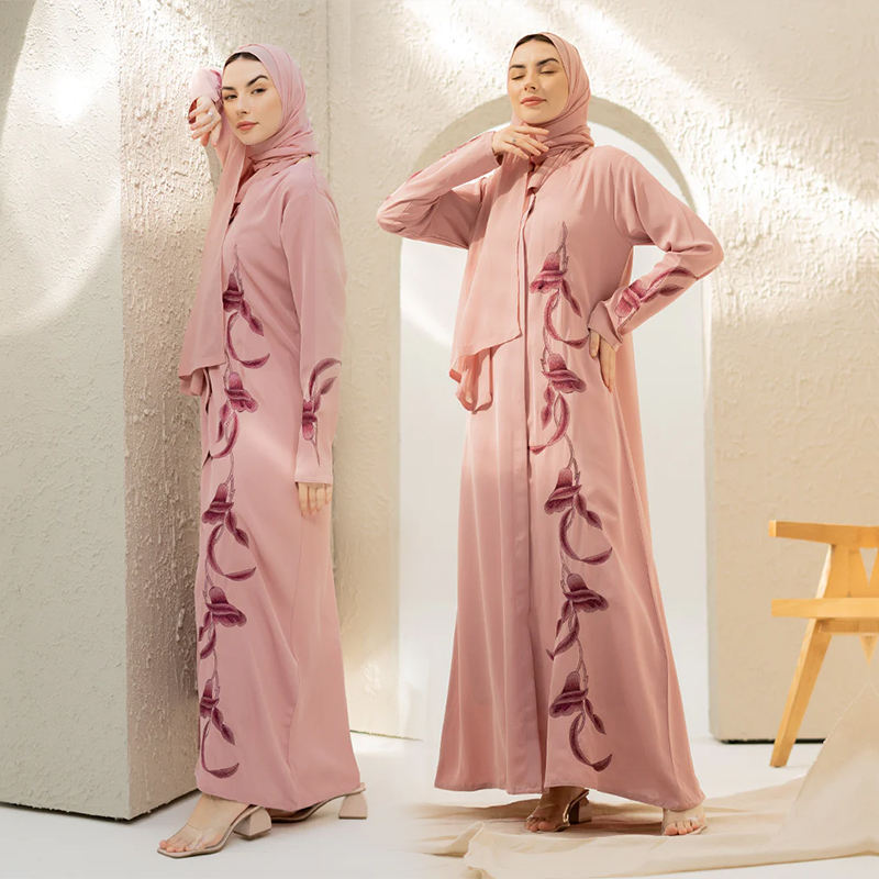 Islamic clothing custom eid embroidery dubai muslim dress abaya hijab 2 pieces set wholesale embellished powder pink abaya set