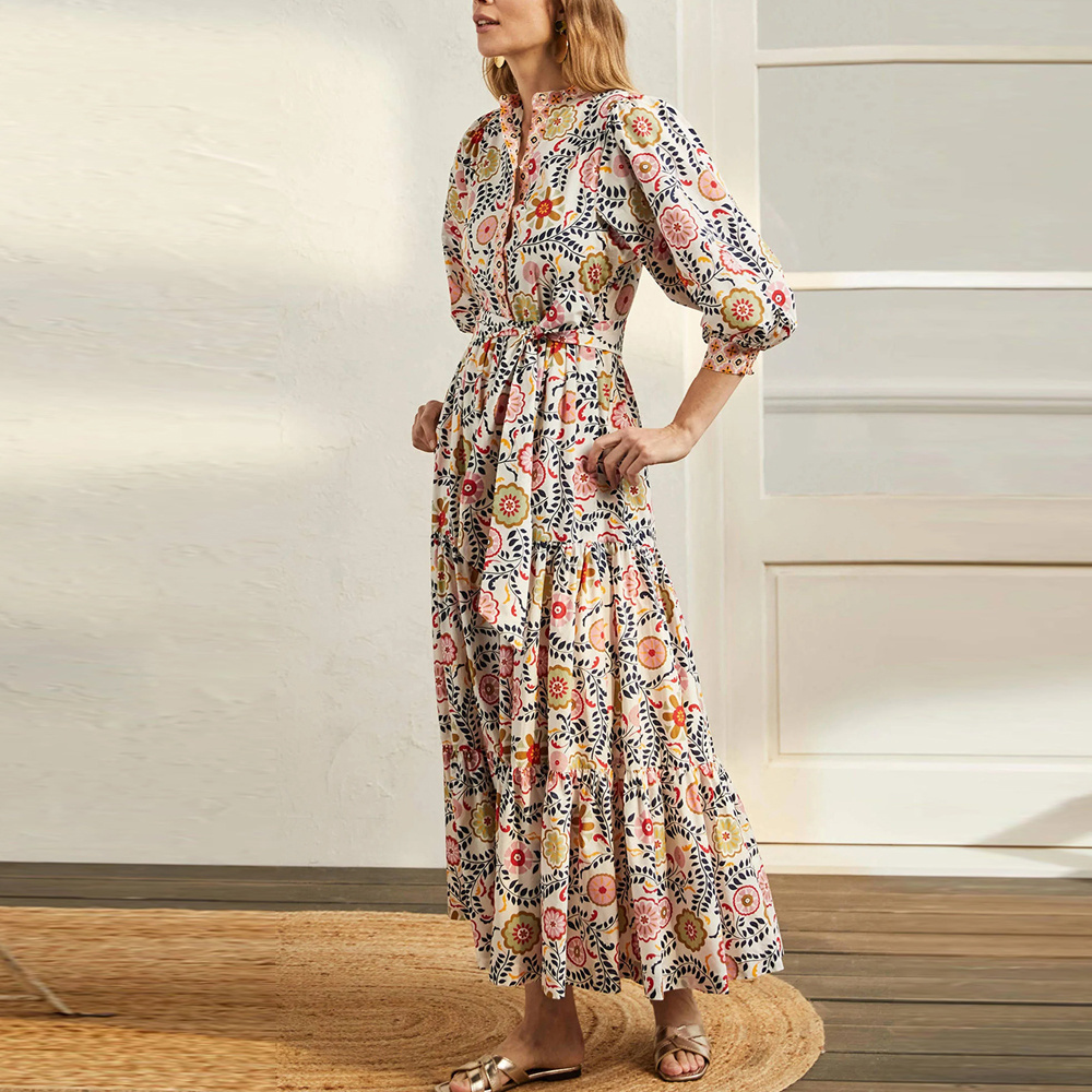 2022 Summer Wholesale Maxi Dress for Women Puff Sleeve Long Cotton Fabric Simple Style Printed Beach Elegant Boho Casual Dress