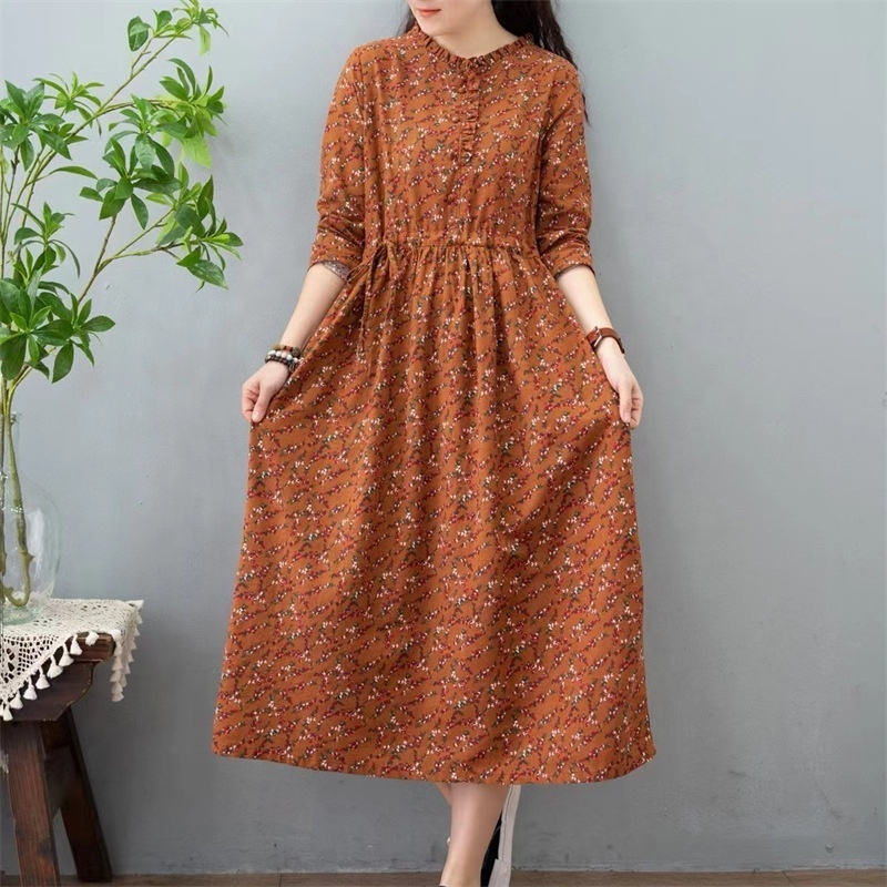 New Lace Collar Pullover Cotton And Linen Printed Dress Loose Slimming Lace-Up Waist Collection Floral Midi Dress