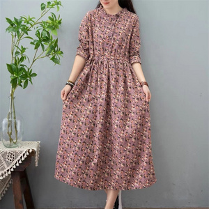 New Lace Collar Pullover Cotton And Linen Printed Dress Loose Slimming Lace-Up Waist Collection Floral Midi Dress