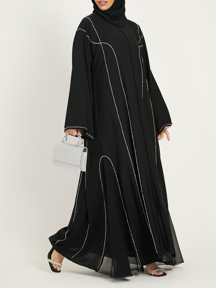 2023 wholesale Luxury Black beads Embellished Open muslim dress Abaya for women